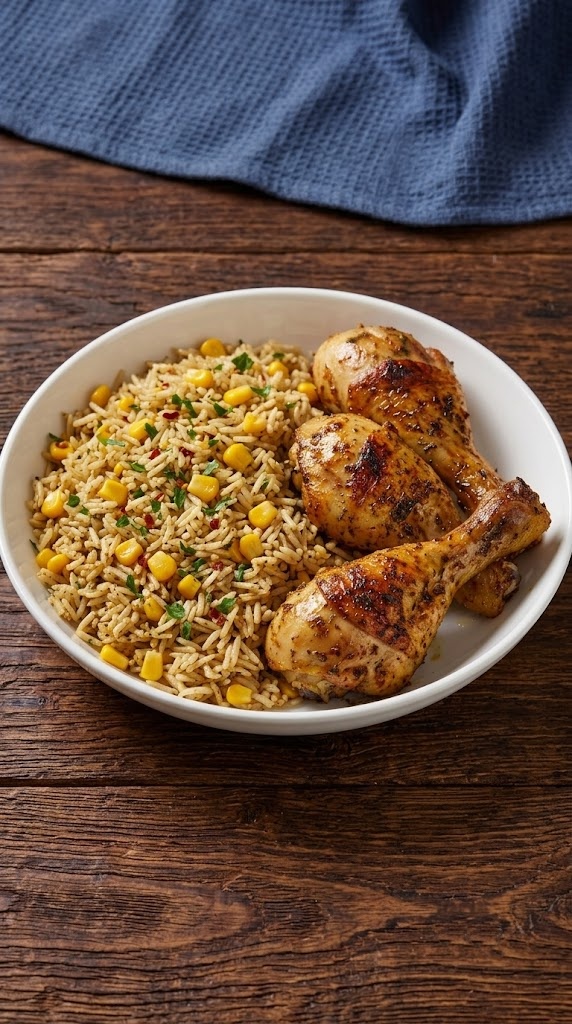 Crispy Seasoned Chicken Drumsticks with Corn Rice