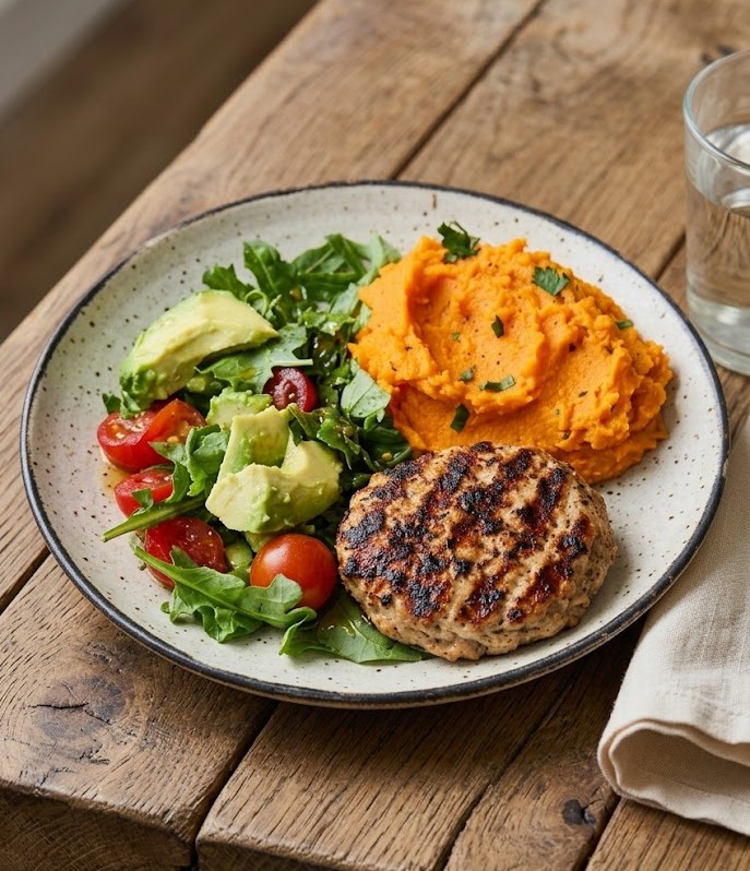 Healthy Turkey Burger & Sweet Potato Smash Plate