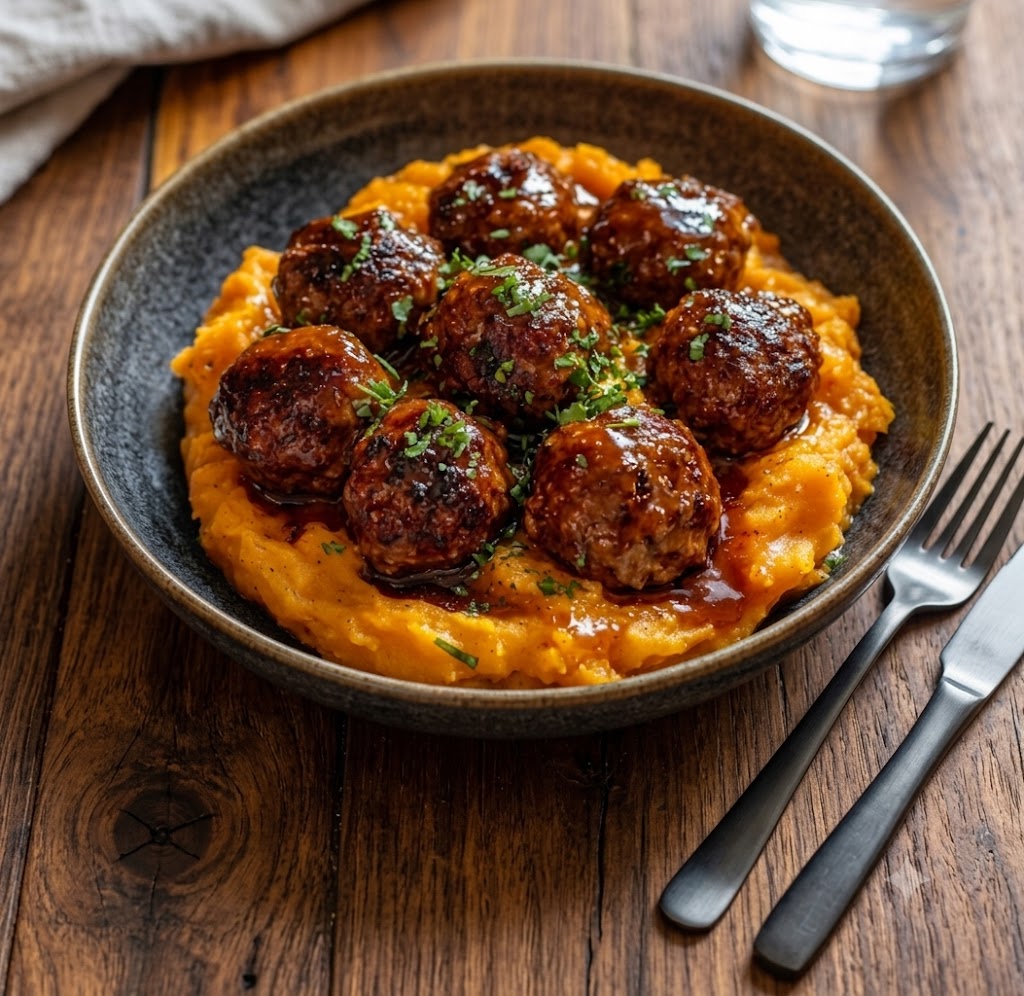 Glazed Meatballs over Mashed Sweet Potato
