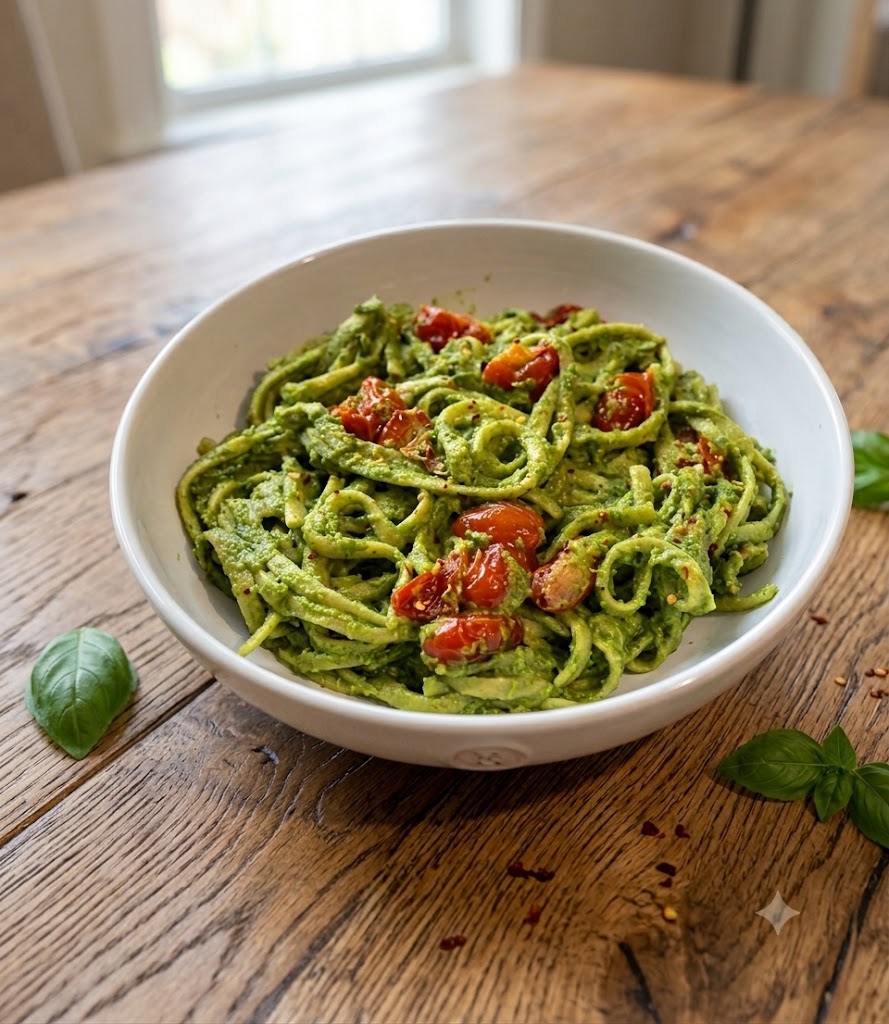 Avocado Pesto Pasta with Roasted Tomatoes